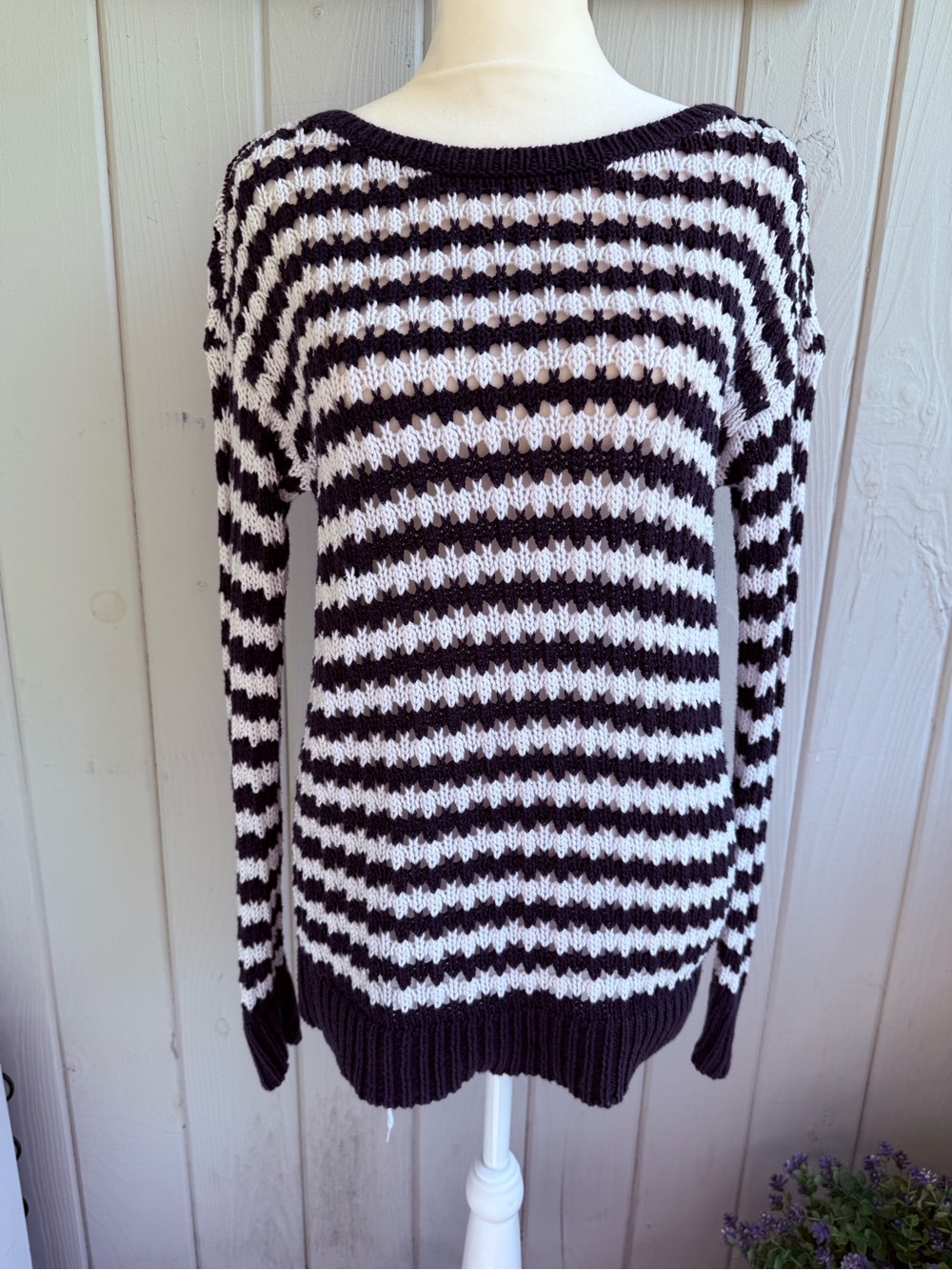 LOFT Black and White Striped Crewneck Sweater